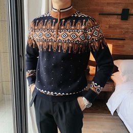 Zipper Mock-neck Sweaters Men Pullover Homme Knitwear Autumn Winter Male Argyle Long Sleeve Casual Slim Fit Knitwear Tops 210527