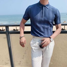 Knitted Striped Polo Shirts Men Summer Short Sleeve Slim Casual Polo Shirts Solid Color Business Social Lapel Top Male Clothing 210527