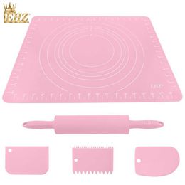 EHZ Baking Tool Set Pastry Boards Rolling Pin Wooden Handle Kneading Pad Thickening Non-stick Scale Kitchen Baking Pink 5PCS 211008