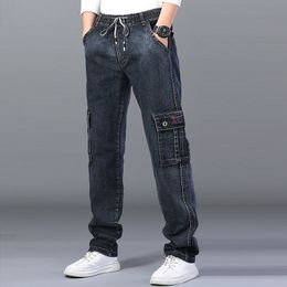 Men's High Waist Jeans Straight Large Size Dinem Trouser Male Black Jeans Side Multi Pocket Blue Loose Elastic Band Cargo Pants 210518