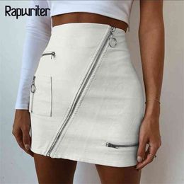 Rapwriter Fashion Solid Ring Zipper Pencil PU Skirts Women Casual High Waist Pocket Leather Mini Sexy Skirt Saias falda 210412