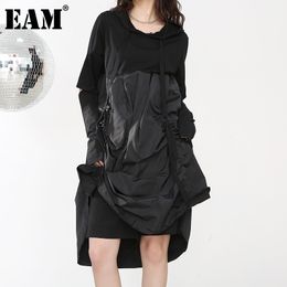 [EAM] Women Drawstring Irregular Long Big Size Dress Hooded Long Sleeve Loose Fit Fashion Spring Autumn JD0760 210512