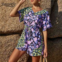 V-neck Button Front Drawstring Women Rompers Summer Short Sleeve Holiday Casual Print High Waist Playsuit 210510