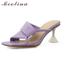 Meotina Women Sandals High Heel Slippers Summer Square Toe Crystal Heel Slides Narrow Band Ladies Footwear Purple White 40 210520