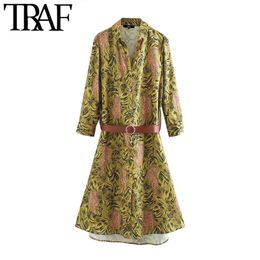 TRAF Women Chic Fashion Animal Print With Belt Midi Dress Vintage Lapel Collar Long Sleeve Female Dresses Vestidos 210415