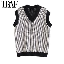 TRAF Women Fashion Heart Pattern Loose Knitted Vest Sweater Vintage V Neck Sleeveless Female Waistcoat Chic Tops 210415