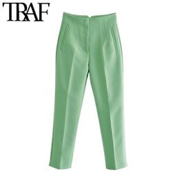 TRAF Women Fashion Side Pockets Seam Detail Office Wear Pants Vintage High Waist Zipper Fly Female Ankle Trousers Mujer 211124
