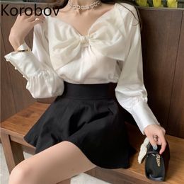 Korobov New Arival Women Blouses Korean Elegant Sweet Bow Long Sleeve Female Shirts Vintage Sexy V Neck White Shirt 210430