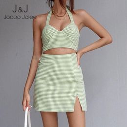 Jocoo Jolee Women Summer Two Pieces Sets Sexy Halter V-Neck Sweet Plaid Tank Top and Split Skinny High Waist Mini Skirt 210518