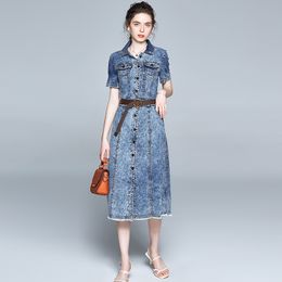 Women Summer Elegant Denim Dress Short Sleeve Office Chic Femme Vintage Designer Runway Vestidos 210520