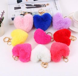 Heart Ball Pom Pom Keychain Fluffy Faux Rabbit Fur Pompom Keys Chain Women Bag pendant Jewelry Key Chains DB025
