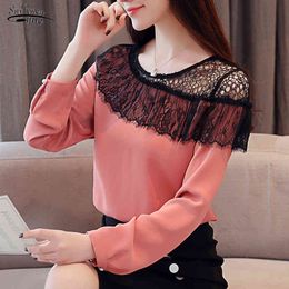Fashion Chiffon Blouse Women Solid Long Sleeve Lace Shirt for O Neck Pullover Ladies Camisas Mujer 8652 50 210508