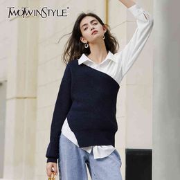 TWOTWINSTYLE Asymmetrical Casual Sweater For Women Irregular Collar Long Sleeve Short Tops Female Fashion Clothing 210517