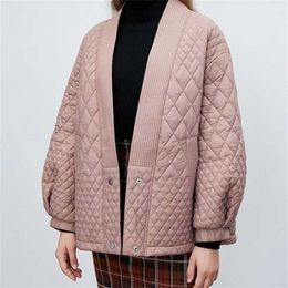 ZXQJ Women Fashion V-neck Modern Plaid Long-sleeved Loose Profile Cotton Jacket Female Outerwear Chic Tops 211108