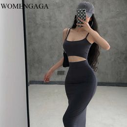 Summer Womens Sexy Tight Navel Camisole High Waist Tank Tops + Hip Long Skirt Two-piece Set DHAO 210603