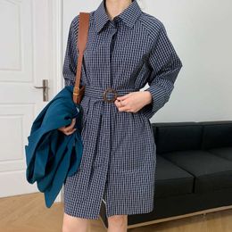 Spring Summer Plaid Shirt Dress Women Turn-down Collar Hepburn Waist Fashion Simple Korean Middle Female 9002 210607