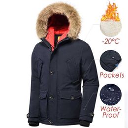 Men Winter Fur Collar Hooded Long Casual Thick Warm Parkas Jacket Coat Autumn Outwear Waterproof Pockets Parka 211214