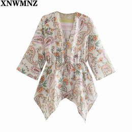 Asymmetric Floral Print Summer Blouse Women Long Sleeve V Neck Vintage Belt Blouses Fashion Button Up Woman Beach Top 210520