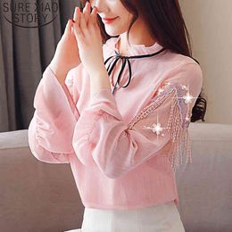 Autumn Fashion Blouses Long Sleeve Standing Collar Bow Tassel Solid Clothing Casual Women Tops Chiffon 5583 50 210415