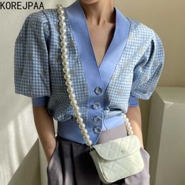 Korejpaa Women Sweater Summer Korean Chic Girl V-neck Single-Breasted Loose Casual Plaid Daisy Puff Sleeve Knitted Cardigan 210526