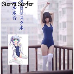 Women Japanese Swimwear Sukumizu Anime Cosplay Schoolgirl One Piece Navy Blue Bathing Suit 210407