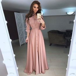 Casual Button Shirt Long Dress Female Autumn Solid Lapel Long Sleeve Sashes Maxi Dress Elegant Women A line Party Dress Vestidos 210507