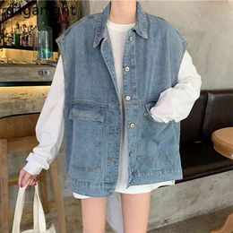 Spring Autumn Denim Vest Women Casual Solid Pockets Design Waistcoat Korean Chic Loose Outwear Female Jeans Tops 210601