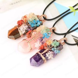 7 Chakras Tree of Life Necklace Women Men Wire Wrap Natural Stone Pendant Rose Purple Crystal Quartz Necklaces