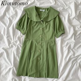 Kimutomo Solid Color Dress Women Green Fashion Spring Korean Chic Female Peter Pan Collar Short Sleeve Slim Vestido 210521