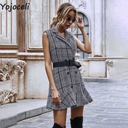 Yojoceli Sexy ruffle turn down collar tweed dres Autumn winter sashes bow short Casual party daily vestidos 210609