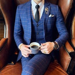 Men's Suits & Blazers Suit Business Formal Wear Groom Wedding Korean Slim Plaid British Style Coat Men