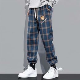 Streetwear Blue Plaid Pants Men Joggers Mens Straight Harem Pants Men Drawstring Korean Hip Hop Trousers Sweatpants 211112