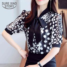 Blusas Mujer De Moda Summer Bow Tie Polka Dot Chiffon Shirt Office Lady Loose Short Sleeve Blouse Women 9544 210415