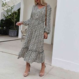 Spring Autumn women long dress Elegent vintage female V-neck with buttons sleeve A-line pleated dresses 210524