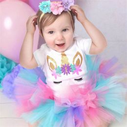 Clothing Sets Baby Girl Clothes 2021 Cotton Short Sleeve Tops +Colours Gauze Skirts+Headbands 3 Piece Suit E20900