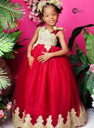 2021 Lace Burgundy Flower Girl Dresses Spaghetti Beaded A-line Tulle Lilttle Kids Birthday Pageant Weddding Gowns
