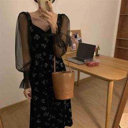 French Mesh Vintage Chic Flowers Office Lady Women Patchwork Sweet Sexy High Waist Slim Dresses Vestidos 210525