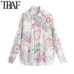 TRAF Women Fashion Printed Loose Linen Asymmetry Blouses Vintage Long Sleeve Button-up Female Shirts Blusas Chic Tops 210415