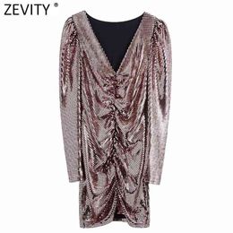 Spring Women Sexy V Neck Puff Sleeve Sequined Pleated Slim Mini Dress Female Chic Club Party Vestidos Casual Cloth DS4880 210416