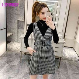 autumn and winter houndstooth fashion suit Button Turn-down Collar Regular Knee-Length Double Breasted 210416