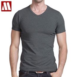 T Shirt Men's Casual Short Sleeve V-neck T-shirts Solid Summer Cotton Black / Grey Green MYDBSH 210716