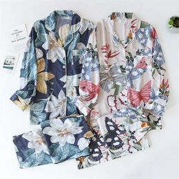 spring and autumn long-sleeved trousers ladies pajamas set viscose cardigan butterfly flower simple thin home service summer 211112