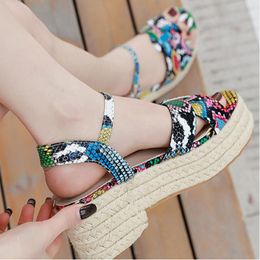 Snake Skin Prints Platform Sandals Women Straw Rope 2021 Summer Wedges Peep Toe Beach Party Shoes