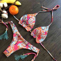 Sexy Women Bikini Sets Printed Tassel Swimsuit Bathing Suits Two Piece Split Bandage Beachwear Brazilian Thong Biquini 210621