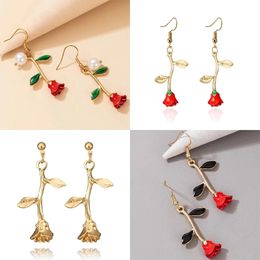 Dangle & Chandelier Fashion Lady Red Rose Leaf Flower Drop Dangle Earrings for Women Pearl Long pendant Metal Alloy Earrings Jewelry