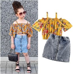 Baby Girls Clothes Set Summer Children Off Shoulder Short Sleeve Floral Tops and Denim Skirts Fashion Kids Outfits