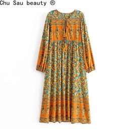 Summer Women's Boho Print O Neck Tassel Lantern Long Sleeve Dress Loose Holiday Style Female Fashion 210514