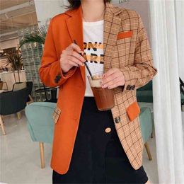 Spring Orange Stitching Cheque Gingham Plaid Blazer Boyfriend friend style Women Contrast Colour Suit Coat Fashion Femme 210429