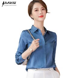 Blue Stripes Long Sleeve Shirt Women Spring Fashion Temperament High End Satin Chiffon Blouses Office Ladies Formal Work Top 210604