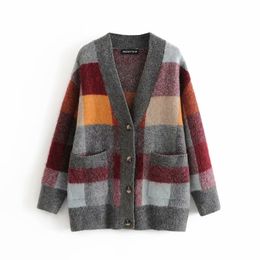 Streetwear women plaid sweater cardigan autumn fashion ladies v-neck knitted tops causal female loose pocket 210427